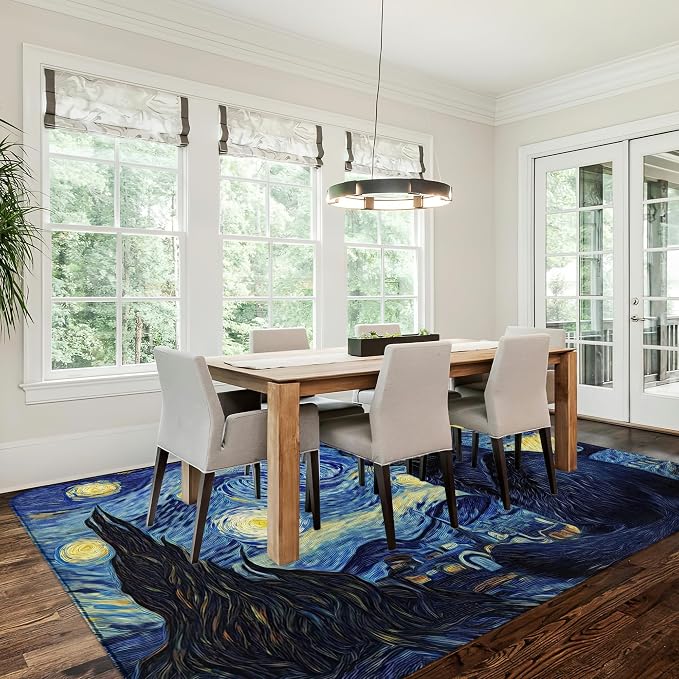 Cat Starry Night 5x7 Area Rug,Abstract Van Gogh Washable Carpet Non Slip Mat Low Pile Large Rugs for Living Room,Bedroom,Farmhouse,Dining Room,Kids Playroom,Kitchen Indoor