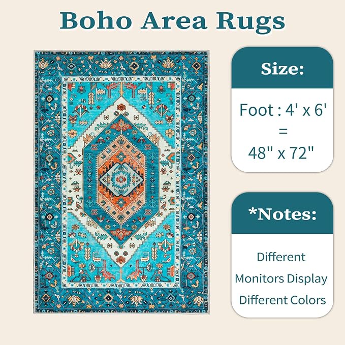 SERISSA 4x6 Washable Non Slip Boho Area Rug for Bedroom，Blue | Ultra Soft Vintage Oriental Carpet Low-Pile Distressed Tribal Throw Carpet for Entry Living Room Nursery Kitchen Dorm Decor