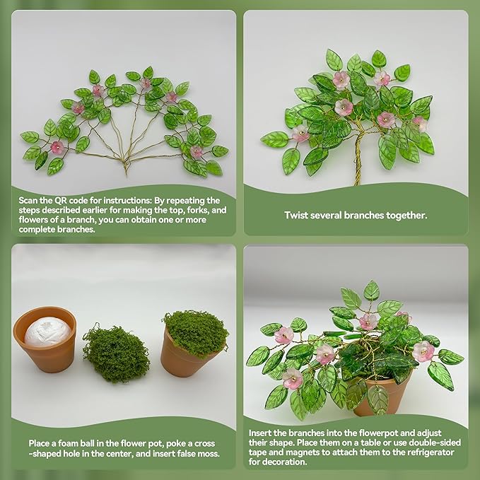 XHYMIA Beaded Plant Kit Green Glass Leaf Beads, Flower Glass Beads Mini Forever Plant Making and DIY Crafts with Video Tutorials