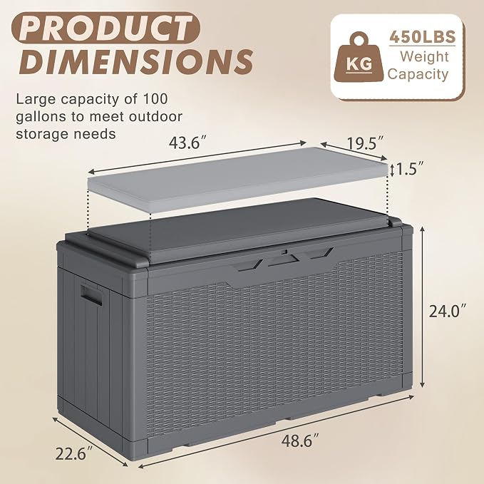 Devoko 100 Gallon Deck Box, Waterproof Resin Outdoor Storage Box with Cushion for Outside and Patio, Large Outdoor Storage Bench Cabinet Lockable for Patio Furniture and Garden Tools (Gray)