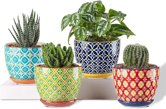 Metahom Succulent Ceramic Pots, 3.8 Inch Small Plant Pots with Drainage Hole & Saucer, Flower Planter Pot for Houseplants, Cacti, Home Decor, Set of 4, Vibrant Colors