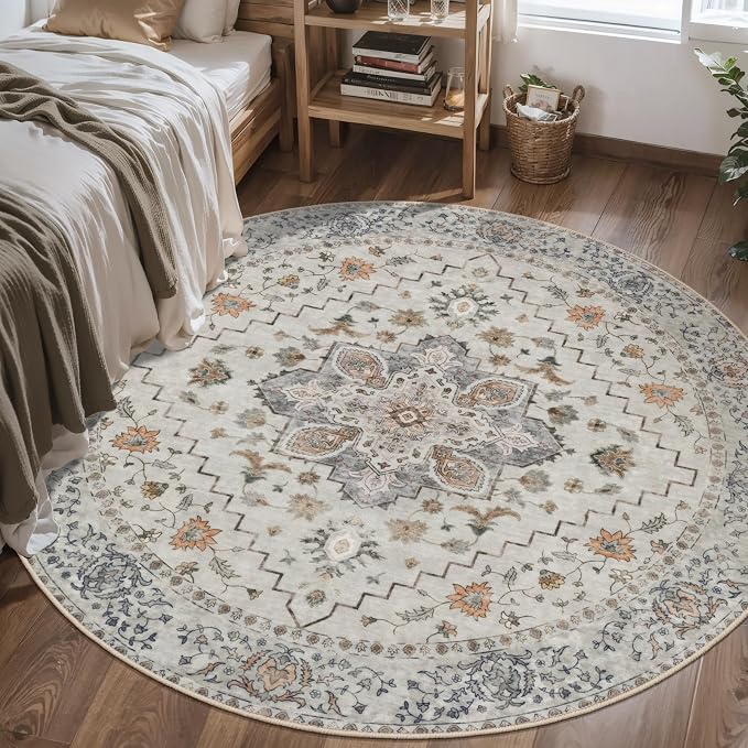 Tangsoo Vintage Round Rug 4ft Washable Circle Rug, Non Slip Small Boho Round Rug, Low Pile Circular Rugs, Round Carpet for Bedroom,Entryway,Nursery,Dorm,Kitchen,Grey