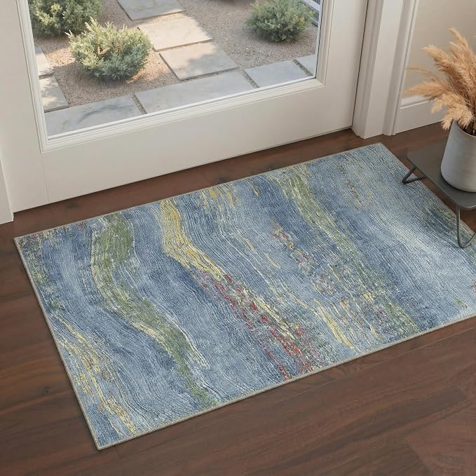 BEIMO 5FT Washable Round Rug for Living Room, Wave Abstract Ocean Blue | 5' Soft Machine Washable Modern Circle Rug,Streaks Pattern Non Slip Indoor Carpet for Dining Room Playroom Bedroom Office