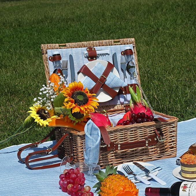 Picnic Baskets Wicker Willow Picnic Set for 4 Persons with Insulated Cooler Bag and Waterproof Blue Picnic Blanket Gift for Christmas Thanksgiving Wedding Birthday Camp Outdoor Beach Travel