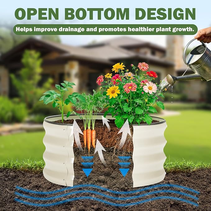 3 PCS Round Raised Garden Bed 2x2x1 ft, Metal Outdoor Planter Box Kit with Safety Rubber Edge, Easy Assemble Bottomless Small Planting Container for Vegetable, Flower, Fruit, White