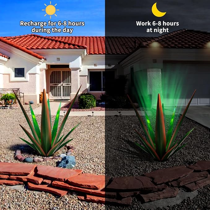 KODIBO Large Tequila Rustic Sculpture, Rustic Metal Agave Plants for Outdoor, Metal Agave Garden Yard Statue, Outdoor Lawn Ornaments Yard Stakes (Rusty - L (W/Solar Light))