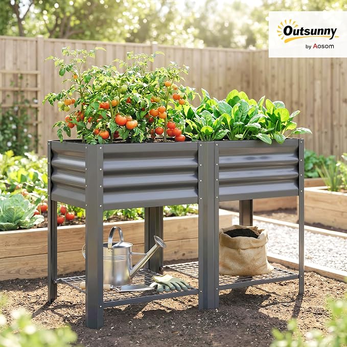 Outsunny Galvanized Steel Raised Garden Bed with Storage Shelf and Bed Liner, Elevated Planter Box with Legs for Flowers, Vegetables, and Herbs, for Outdoor Patio Yard, Glove Included, Dark Gray