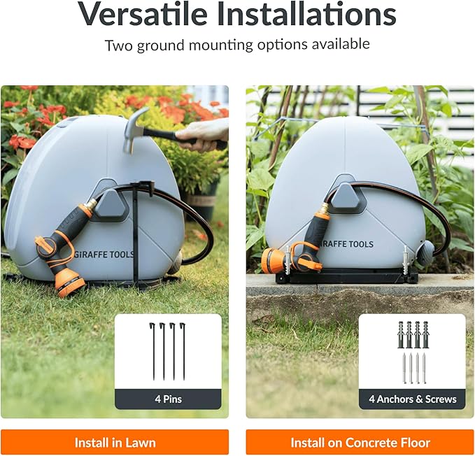 Giraffe Tools Retractable Heavy Duty Hose Reel, 1/2" x 82FT Automatic Rewind Garden Hose Reel with 360° Swivel Base, Ground Mounted for Lawn, Patio, Concrete Floor & Yard Watering
