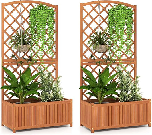 Giantex Solid Acacia Wood Planter Box with Trellis, 63" Set of 2 Raised Garden Bed with Trellis, Plant Box, Slat Base, Outdoor Privacy Planter for Vine Climbing Plants Flowers, Garden, Patio, Balcony