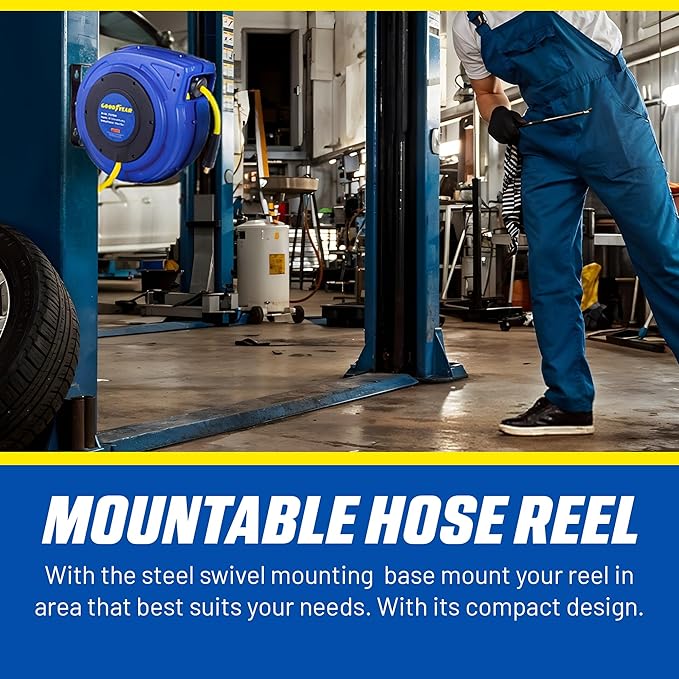 Goodyear Air Hose Reel Retractable 3/8" Inch x 65' Feet Premium Commercial Flex Hybrid Polymer Hose Max 300 Psi Heavy Duty Spring Driven Polypropylene Construction w/Lead-in Hose and PVC Handle