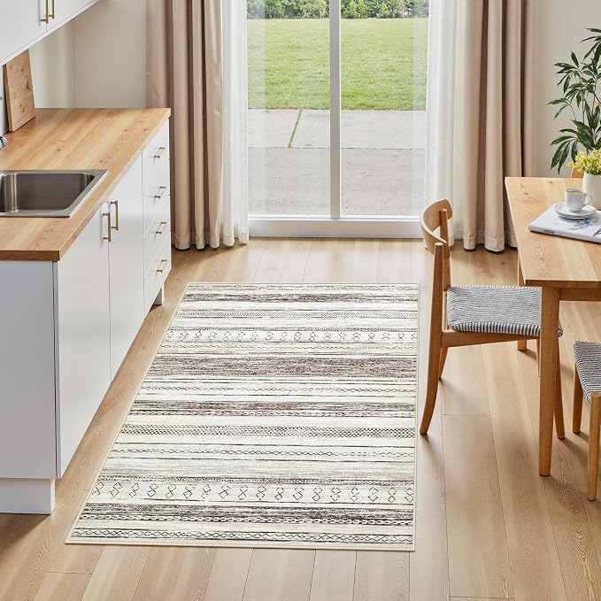 Tortania Area Rug Living Room Rugs - 3x5 Washable Large Soft Neutral Boho Moroccan Bohemian Farmhouse Rug Indoor Floor Carpet for Bedroom Under Dining Table Home Office Decor - Cream Brown