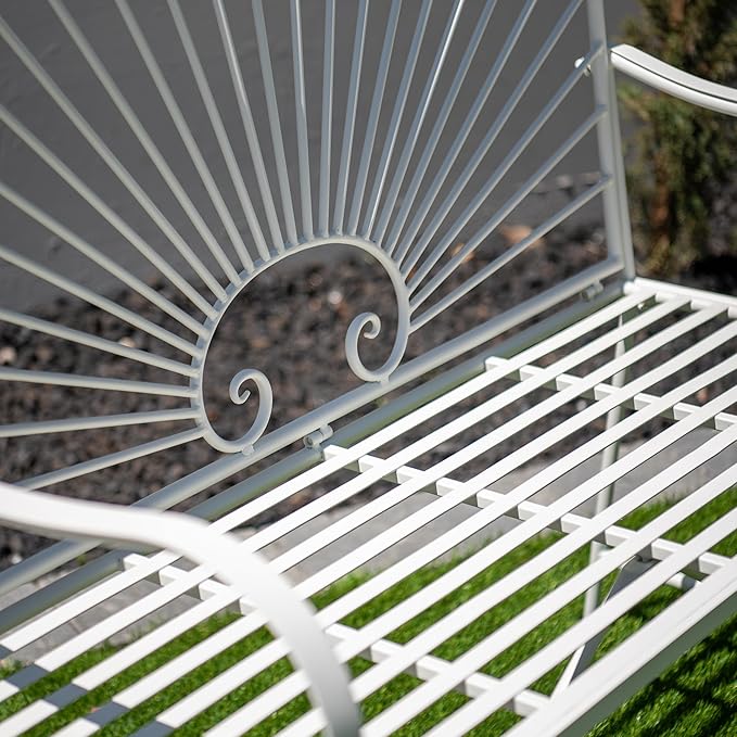 XBrand 44" L Iron Sun-Patterned Seat for Two, Patio & Porch Furniture for Park, Yard, Lawn, Balcony, Backyard – White