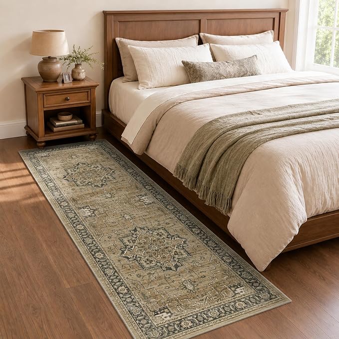 2x6 Vintage Runner Rug Low Pile Non-Slip Washable Hallway Rug | Retro Distressed Print Rug Non-Shedding Soft Brown Carpet Stain Resistant Runner for Hallway Kitchen Bedroom Laundry Room