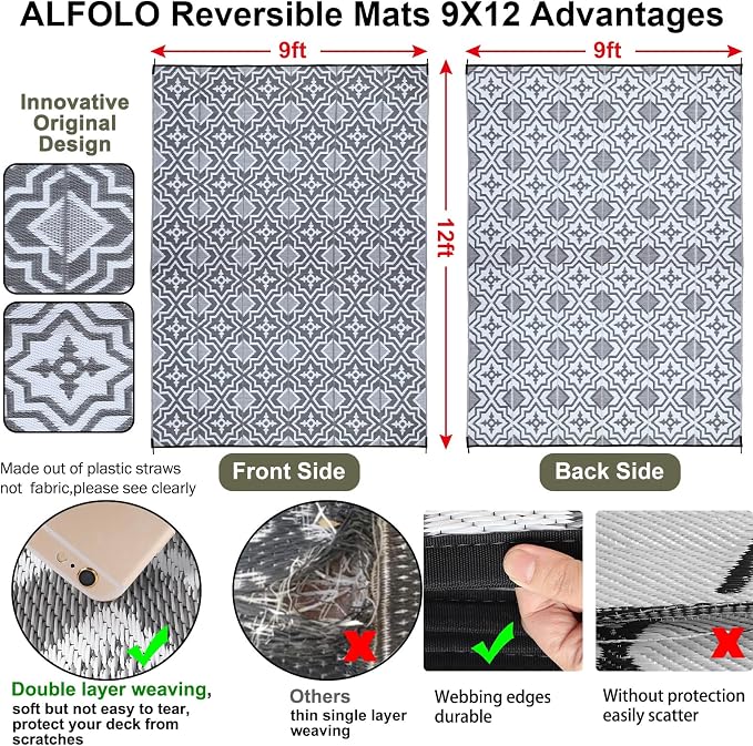 Alfolo Outdoor Rug 9x12 for Patios Clearance,Outdoor Plastic Straw Rug,Waterproof Camping Rugs for Outside Your Rv, Deck, Porch,Beach,Picnic,Pool Grey Recyclable,Easy Cleaning Outside Mats with a Bag