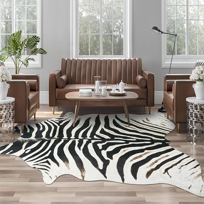 AROGAN Western Faux Zebra Rug, Sturdy Zebra Hide Rugs, Non-Slip 4.6x5.2 Ft | Premium Animal Skin Print Rug for Wall Decor, Western Floor Carpet for Bedroom Living Room, Black and White
