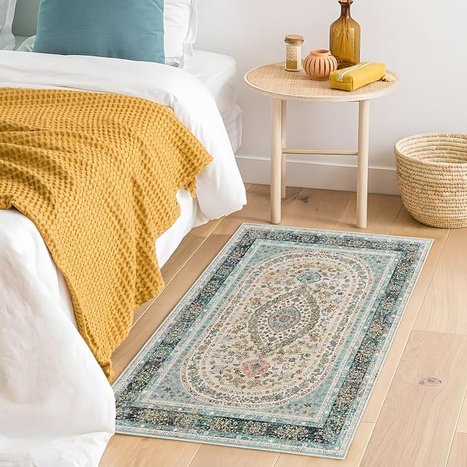 Small Rugs 2x3,Blue Rug for Entryway Bathroom Entrance Doormat | Boho Vintage Bohemian Distressed Washable Oriental Accent Floor Throw Carpet Non Slip,Floral
