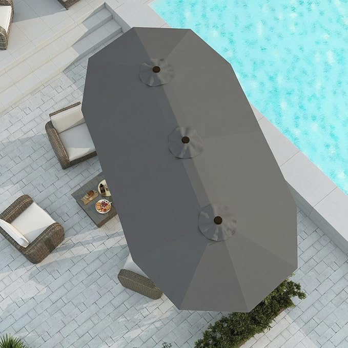15FT Large Patio Umbrella with Base Included, Double Sided Outdoor Market Umbrella with Flexible Fiberglass Ribs, UV-Blocking Extra Large Umbrella for Garden, Pool, Deck, Gray