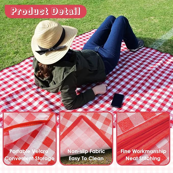 Portable Picnic Blanket, Waterproof Sandproof Foldable Outdoor Mat with Handle for Beach, Camping, Hiking, Travel, and Family Concerts, Red