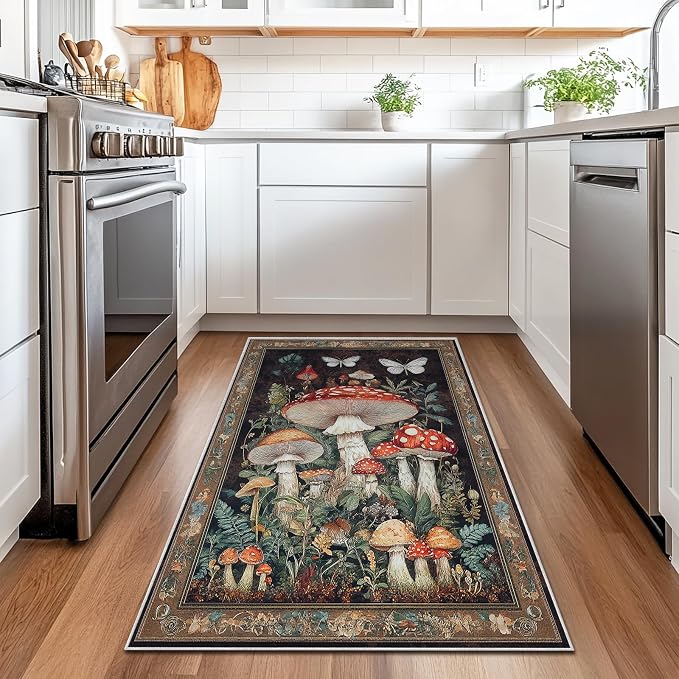 Botanical Mushroom Area Rug for Living Room Vintage Butterfly 3x5 Entryway Rug Modern Farmhouse Mushrooms Rugs Non Slip Low Pile Machine Washable Floor Carpet for Indoor Bedroom Dining Room Kitchen