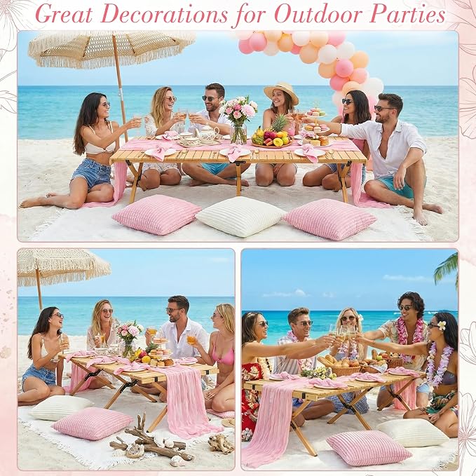 91 x 71 Extra Large Outdoor Boho White Picnic Blanket with Pink Table Runner, 6 Napkins and 6 Throw Pillow Covers Table Decor for Beach Picnic Camp Wedding Party Birthday Baby Shower