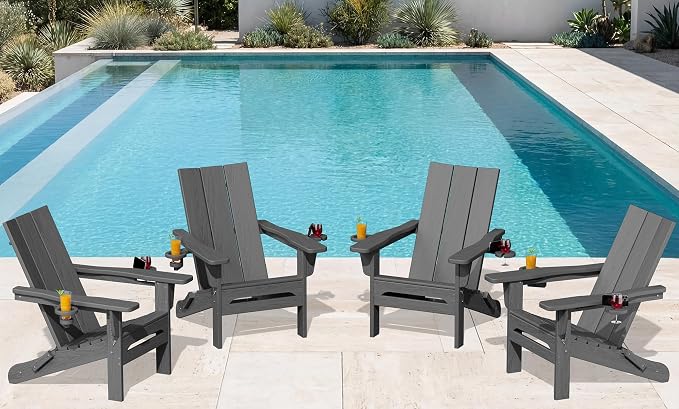 SERWALL Modern Folding Adirondack Chair Set 4, Outdoor, Relaxing, Grey, Polyethylene, Wood Finish, Arm Rest, Cup Holders