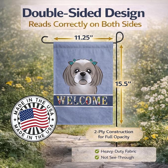 Caroline's Treasures BB1436GF Gray Silver Shih Tzu Welcome Garden Flag, Blue Mailbox Flag Decorative Yard Flag Banner Outside Patio Artwork Yard Flower Beds, Garden Size, Multicolor