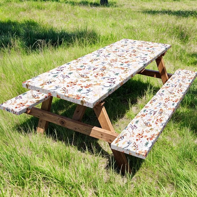Picnic Table Cover with Bench Covers Elastic Colorful Floral Patterns Waterproof Tablecloth with Drawstring Bag Camping Gear and Essentials Rv Accessories Road Trip Supplies Car Travel Must Haves