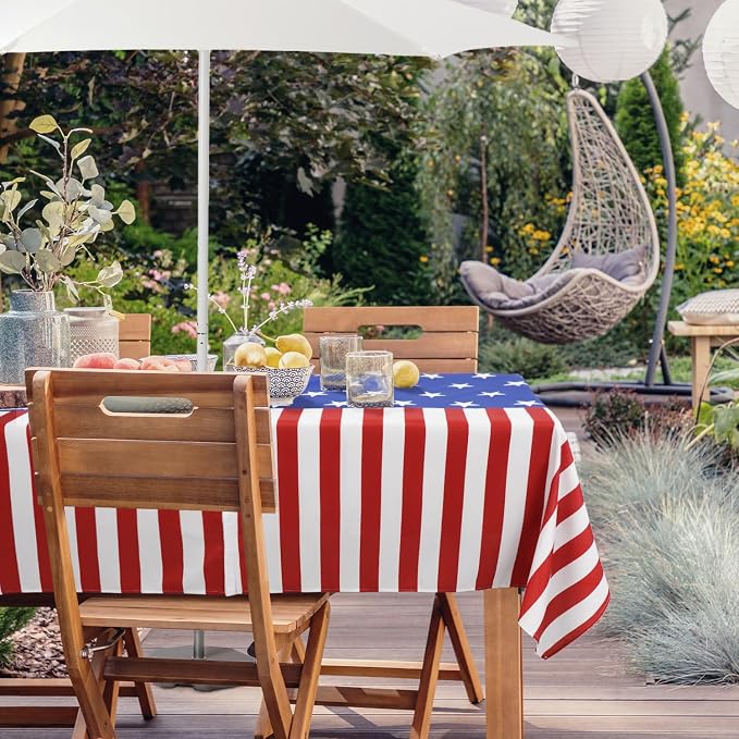 Outdoor Tablecloth with Umbrella Hole 4th of July Decorations Patriotic Decor Waterproof Polyester Rectangle for Picnic, BBQ, Party 60 x 102 in