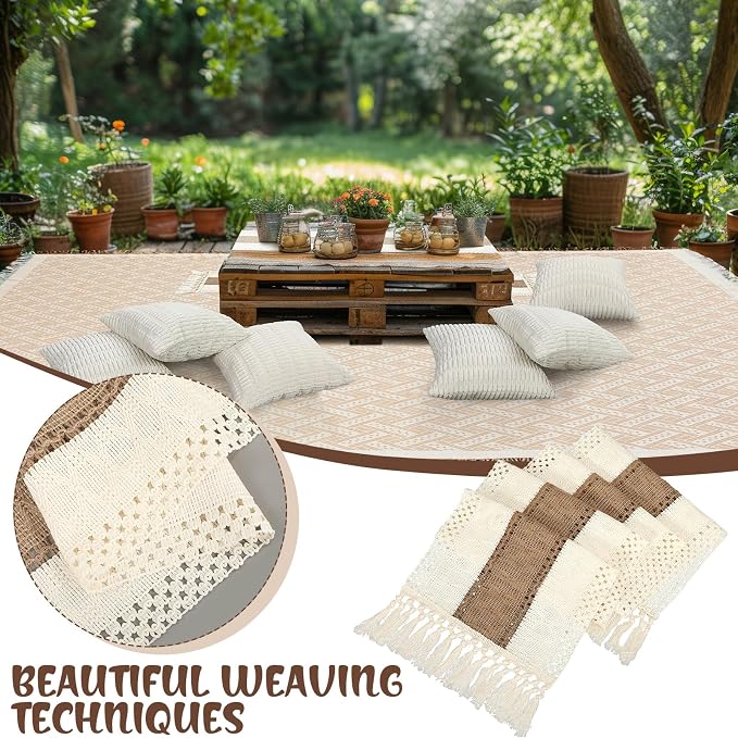 Beeveer Extra Large Outdoor Boho Picnic Blanket 150'' X 71'' Beige White Table Runner 6 Throw Pillow Cover Woven Cotton Yarn Oversize Beach Blanket Washable for Picnic Camp Wedding