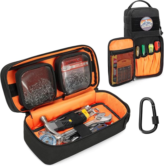 Rexmica Heavy Duty Small Tool Bag Storage with 2 Zipper Pouches, Multi-functional Tactical Molle Tool Organizer Case with Locking Carabiner for Camping, Road Trip, Electricians, EDC, Multimeter Case