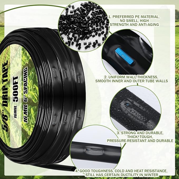 Tondiamo 250 ft 5/8 Inch Drip Tape Irrigation Tubing Kit 16 Mil 6" Spacing Hose Garden Landscape Irrigation System Automatic Equipment for Farms