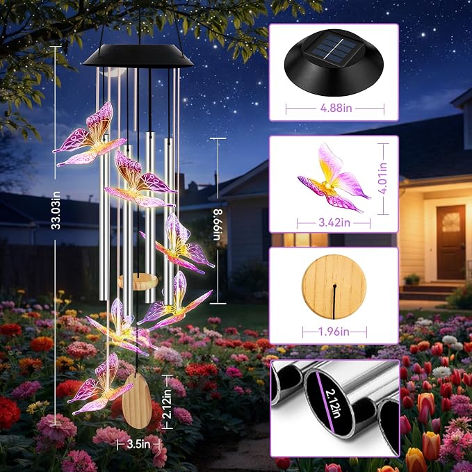 Wind Chimes for Outside, Solar Lights Outdoor Waterproof, Color Changing Butterfly Light for Yard, Outdoor, Patio, Garden Decor, Wind Mobiles Gardening Gifts for Women, Mom, Wife, Purple Butterfly