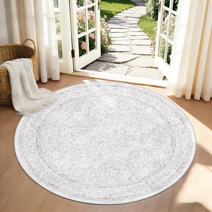 Round Rugs 4ft Vintage Floral Small Circle Rug, Washable Non Slip Soft Low Pile Stain Resistant Carpet for Living Room Bedroom Entryway Dining Room (FloralGrey, 4' Round)