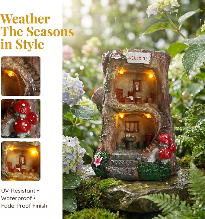 Solar Light Gnome Fairy Garden House for Outside, Big Size Fairy Miniature Buildings Accessories House Sculptures for Outdoor Garden Patio Lawn Path Decorations, 8" Tall