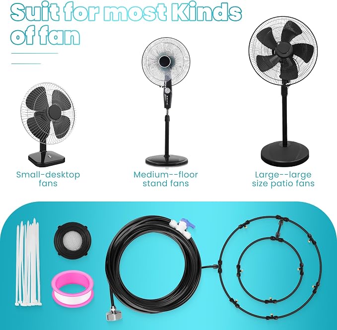 Fan Misting Kit for Cooling Outdoor, 27 FT Misting Hose with 8 brass nozzles for Cooling for Patio, Camping, BBQ, Pool & Garden Outdoor