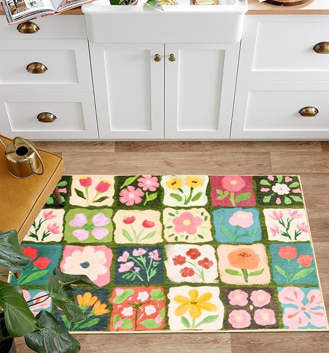 Vintage Floral Bathroom Rugs Non Slip, Thin Spring Country Colorful Flowers Botanical Indoor Doormat Washable, Cute Boho Aesthetic 2x3 Small Area Rugs for Kitchen Bedroom Laundry Entryway