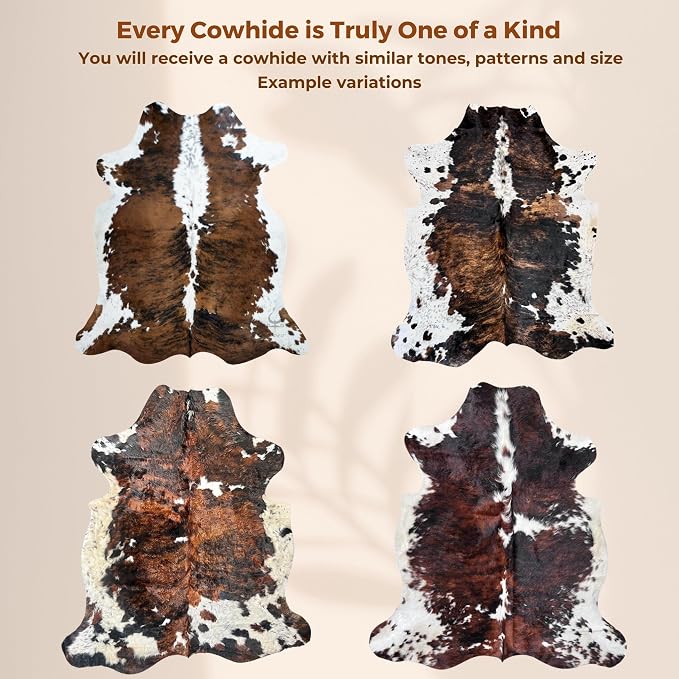 Genuine Tricolor Cowhide Rug Large 8x10 Area Fit (Rug Approx 6x7 ft)– Vibrant One-of-a-Kind Hide, Eco-Friendly, Safe for Kids & Pets, Easy to Clean Perfect for Living Rooms Western Rustic Home Décor