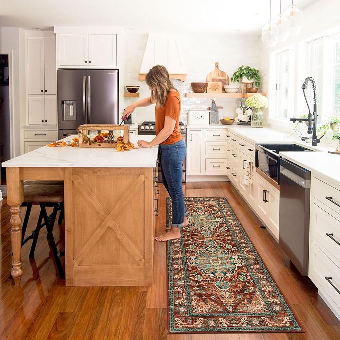 U'Artlines 2' x 6' Boho Hallway Runner Rug, Washable Carpet, Rust＆Teal | Non Slip, Vintage Farmhouse Accent Area Rug Carpet, for Kitchen Entryway Laundry and Living Room