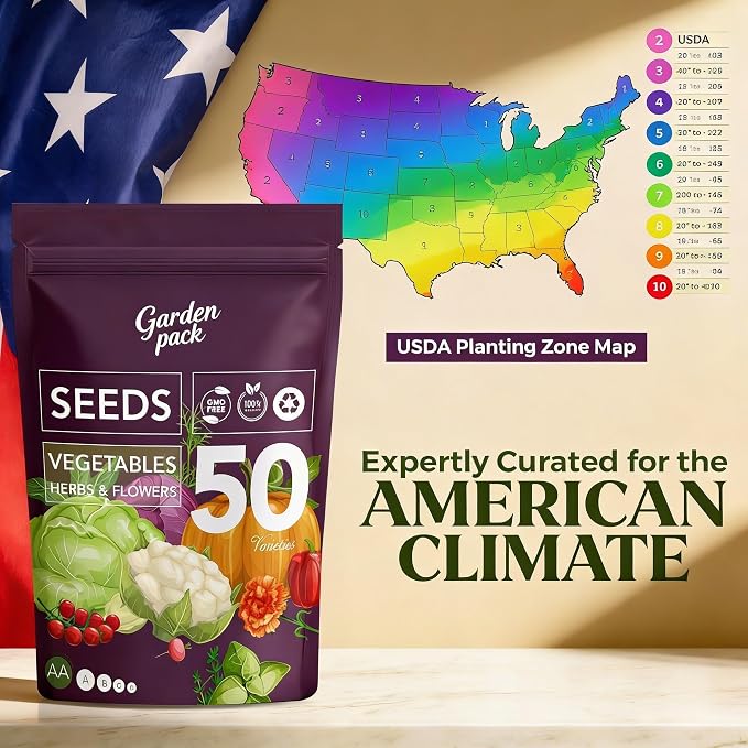 Garden Pack Vegetable Seeds Pouch - 50 Varieties of Vegetable, Herb & Flower Seeds for Planting - 25,000 Non GMO Heirloom Seeds - Gardening Gifts for Men and Women