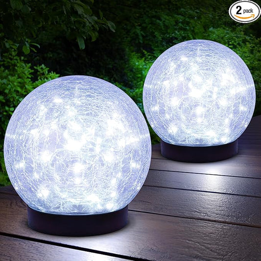 ASOMST 2-Pack Garden Solar Lights Outdoor, Cracked Glass Ball Light Waterproof, Decorative Solar Powered Globe Lighting Cool White for Yard Pathway