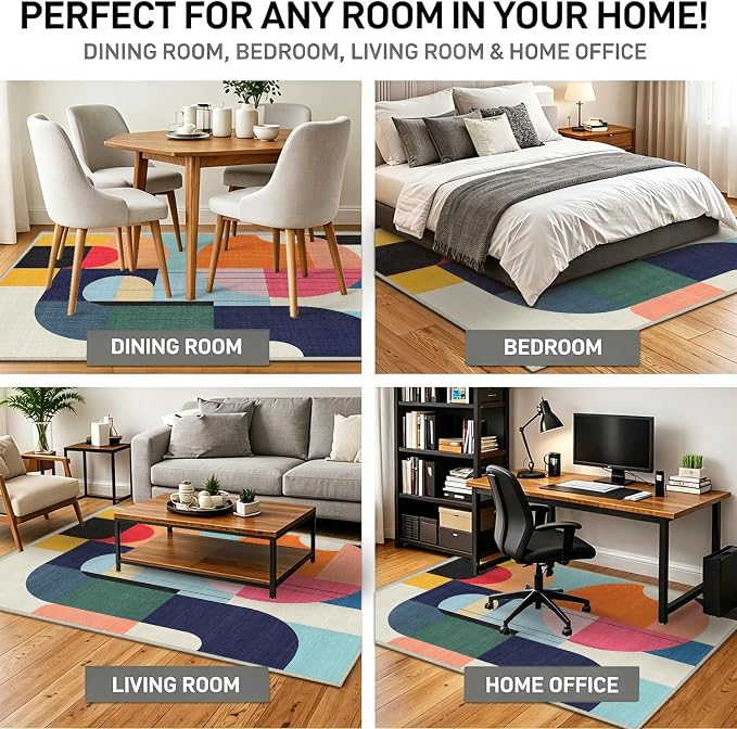 9x12 Area Rug Colorful Boho Geometric Carpet Modern Abstract Large Rug for Living Room Bedroom Machine Washable Non-Slip Rug for Dining Room Home Office
