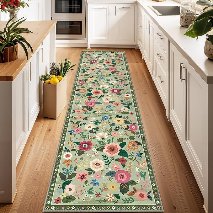 Floral Washable 2x10 Area Rugs Runner Entryway Hallway LightGreen | Flower Carpet, Print, Boho, Non-Slip, Easy to Clean, Low Pile, Soft, for Living Room Bedroom Kitchen Office Entrance