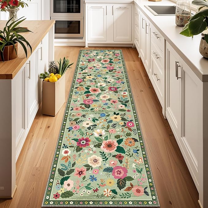 Floral Washable 2x8 Area Rugs Runner Entryway Hallway LightGreen | Flower Carpet, Print, Boho, Non-Slip, Easy to Clean, Low Pile, Soft, for Living Room Bedroom Kitchen Office Entrance