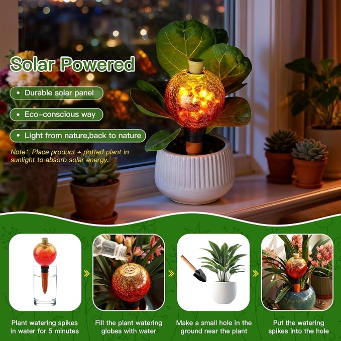 VOREEN Crackle Glass Plant Watering Globe with Terracotta Spike,Self-Watering Irrigation for Potted Plants, with Solar Accent Light for Indoor & Outdoor Décor, 17oz, Gold–Red Gradient