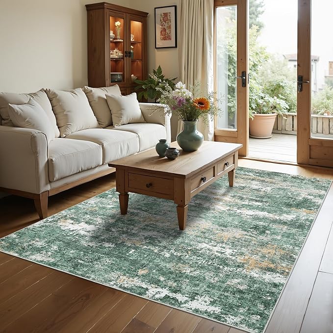 ROYHOME Abstract Rugs Green 5x7 | Non Slip Non Shedding Low Pile Stain Resistant Rug for Entryway Kitchen Bedroom