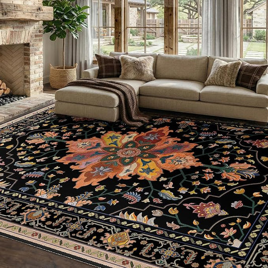 RELEANY Washable Area Rug, 7'x9', Black/Colorful | Non-Slip, Water Repellent, Pet Friendly, Easy to Clean, Vintage Floral Boho Decor for Living Room Bedroom Dining Room Office