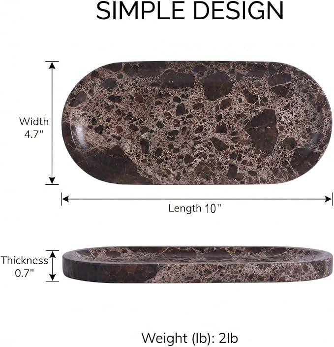 Dark Emperador Marble Vanity Tray for Bathroom Counter, 10"x5" Decorative Tray for Perfume, Candles, Stone Jewelry Dish Tray