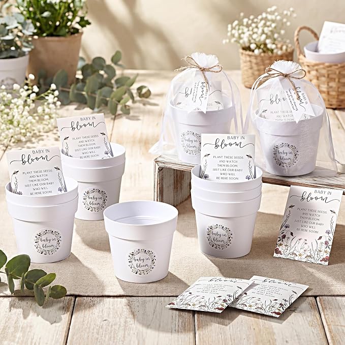 FoldTier 50 Sets Baby Shower Seeds Favors for Guests Mini Plastic Pots Kraft Wildflowers Envelopes with Thank You Tags, Stickers, Organza Bags, Baby in Bloom Party Favors (No Seed)
