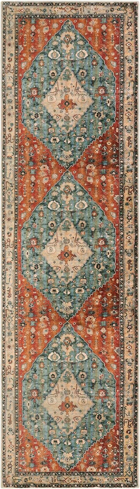 Lahome Felice Boho Tribal 2'6" x 10' Washable Runners for Hallways, Oriental Kitchen Runner Rugs Non Skid Washable, Oriental Soft Long Stair Carpet Runner for Living Room Bedroom, Rust/Dull Teal