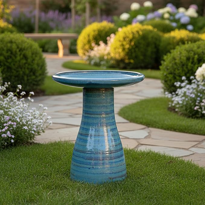 Sunnydaze 21" H Ceramic Bird Bath for Outside - Hand-Painted Outdoor Bird Bath Bowl, UV/Frost-Resistant Finish - Cloud Swirl
